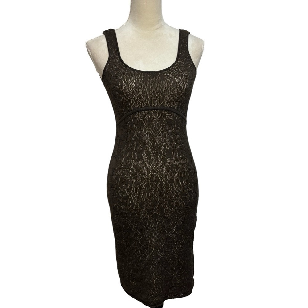 Peruvian Connection Knit Lace Overlay Brown Sleeveless Bodycon Mini Dress Size S